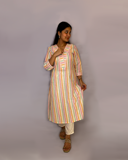 Arth: Multi Coloured Pure Linen A-Line Kurta