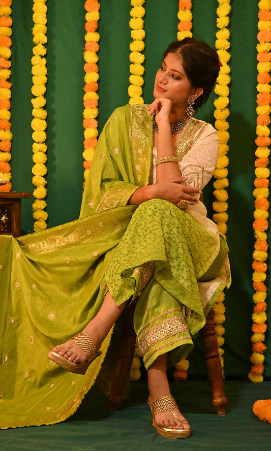 Ishrat: Off White and Green Chikankari Kurta with Pants and Banarasi Dupatta