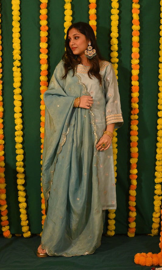 Ruhani: Blue and Gold Tissue Kurta with Pants and Dupatta