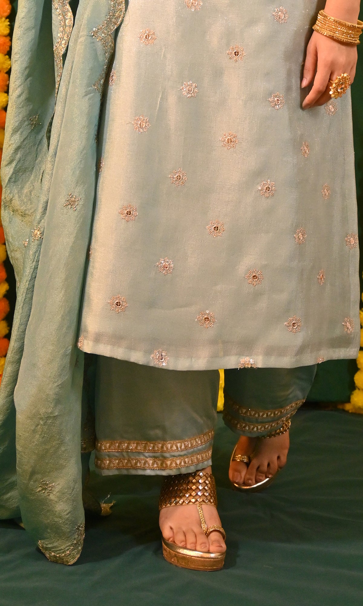 Ruhani: Blue and Gold Tissue Kurta with Pants and Dupatta