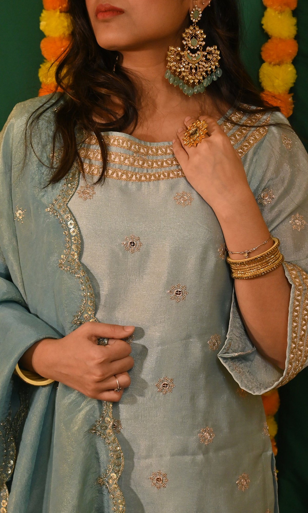 Ruhani: Blue and Gold Tissue Kurta with Pants and Dupatta