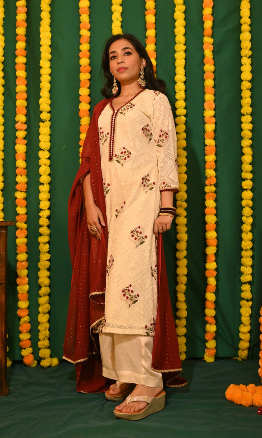 Gulzar: Kora and Maroon Chikankari Kurta with Pants and Dupatta (set of 3)