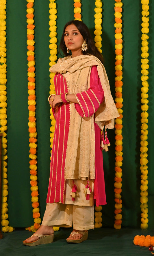Mahira: Magenta and Cream Tissue and Crepe Kurta with Pants and Dupatta (set of 3)