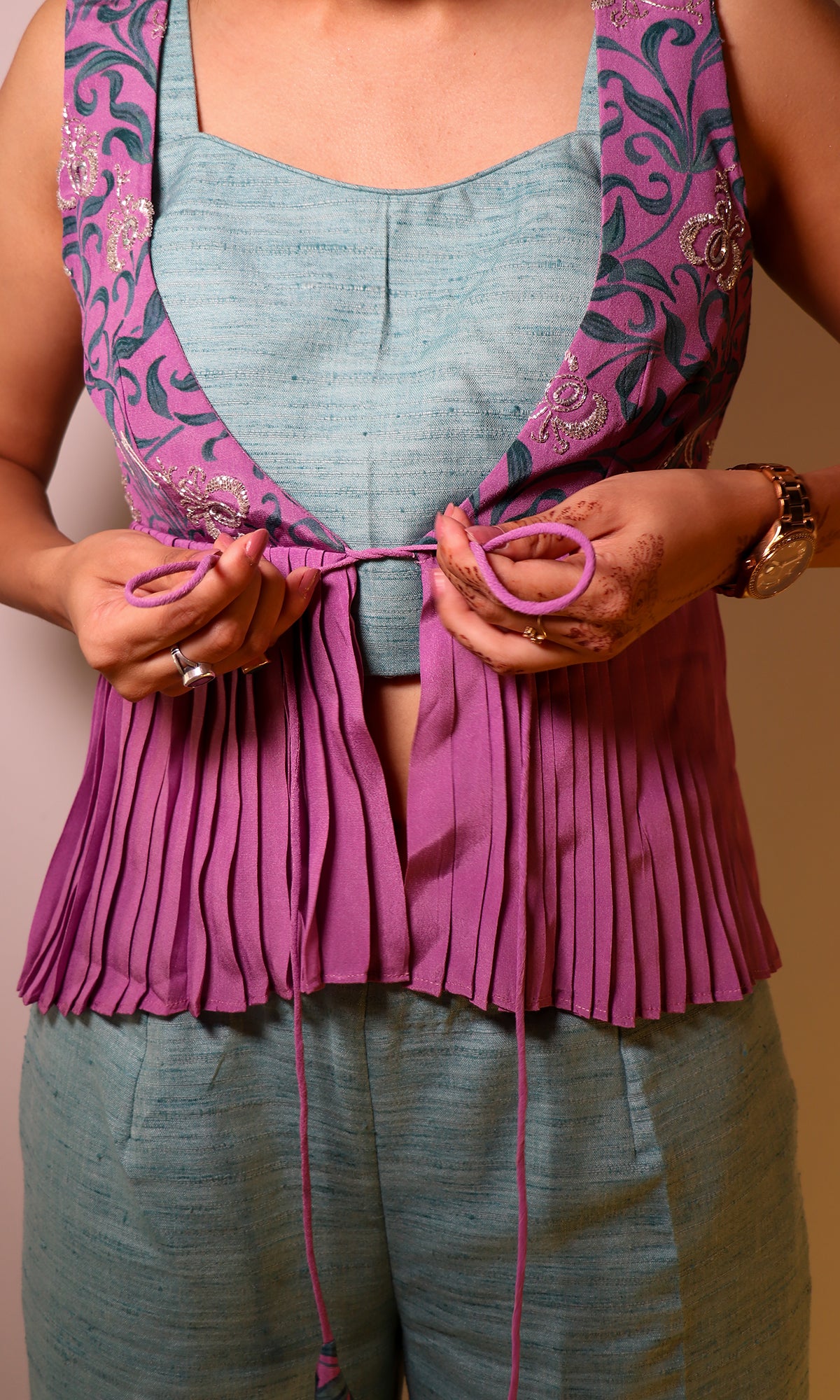 Jasmine- Teal Co-Ord Set with Embroidered Peplum Jacket (Set of 3)