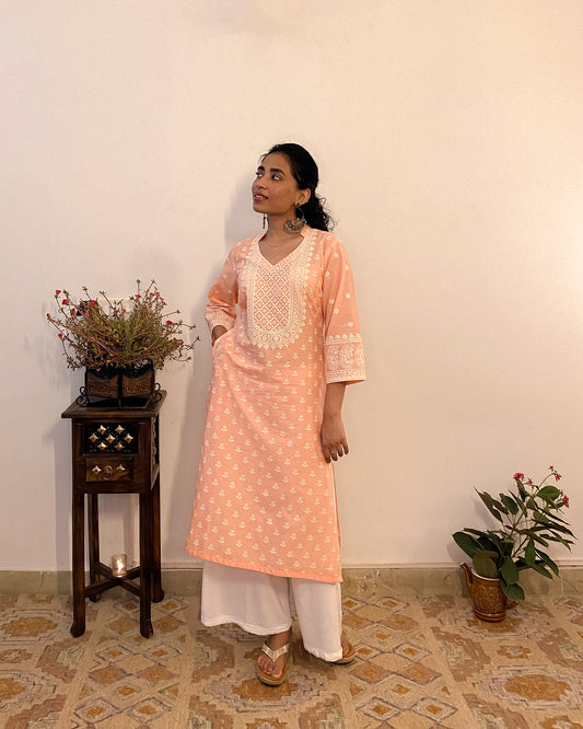 Pari: Peach Digital Printed A-Line Kurta