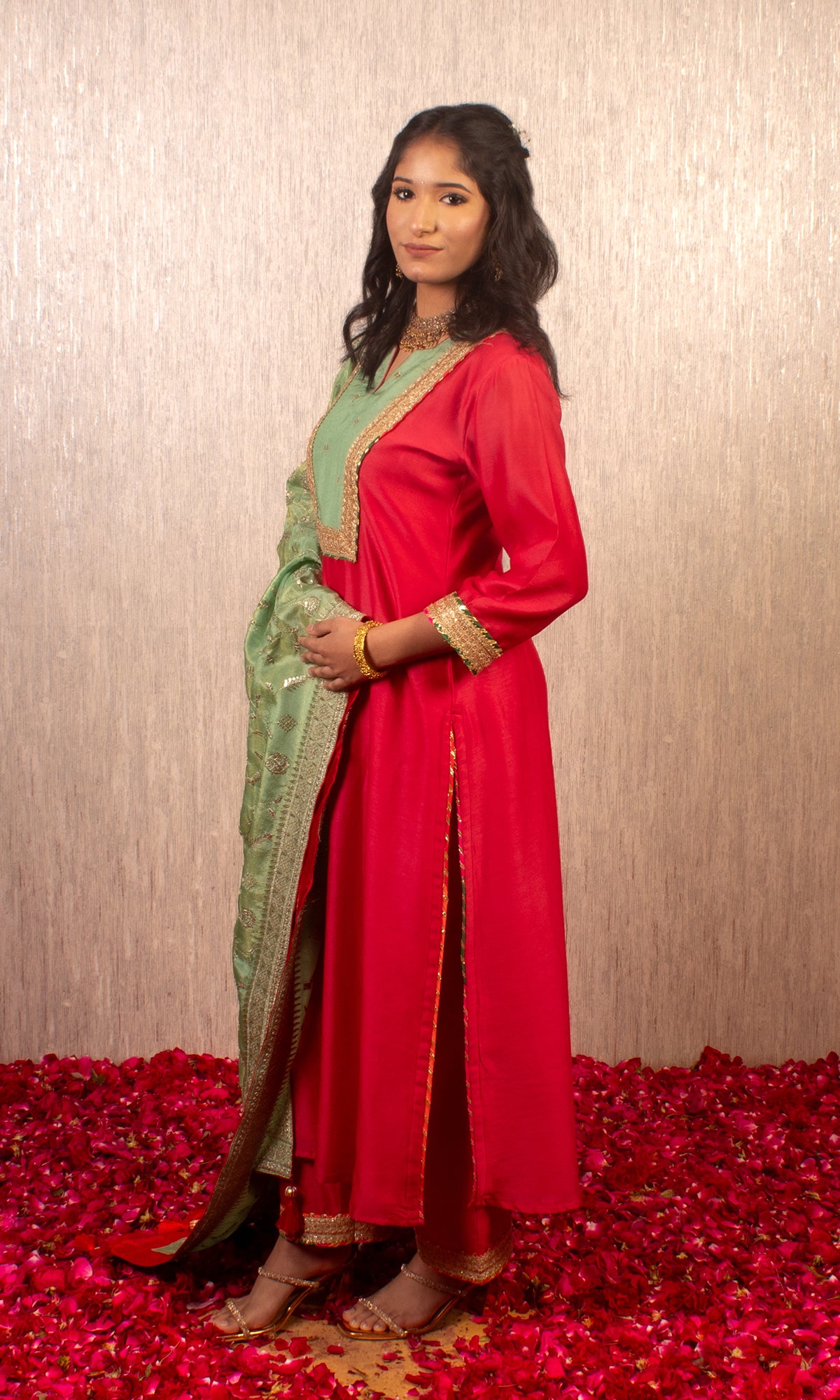 Tahira: Mustard and Cream Chanderi Kurta with Pants and Dupatta (Set of 3)