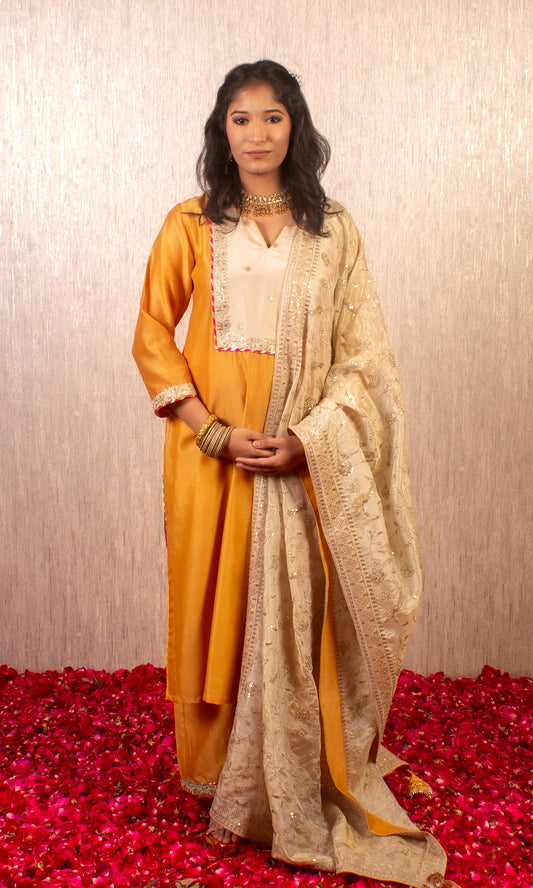 Tahira: Mustard and Cream Chanderi Kurta with Pants and Dupatta (Set of 3)