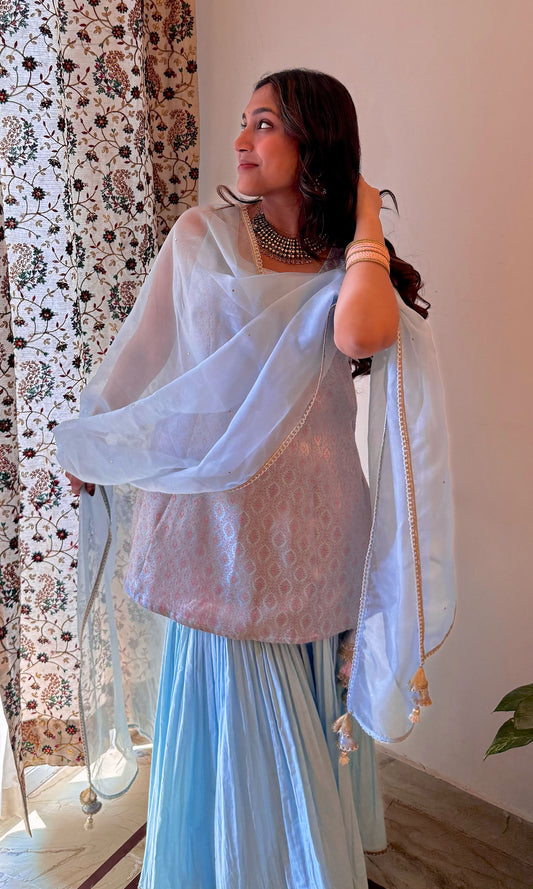 Zara: Powder Blue Brocade and Chanderi Kurta with Sharara and Dupatta (Set of 3)