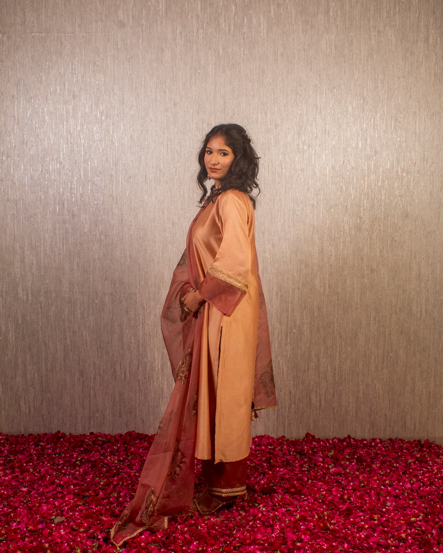 Arzoo: Coral Chanderi Block Printed Kurta with Pants and Dupatta (Set of 3)