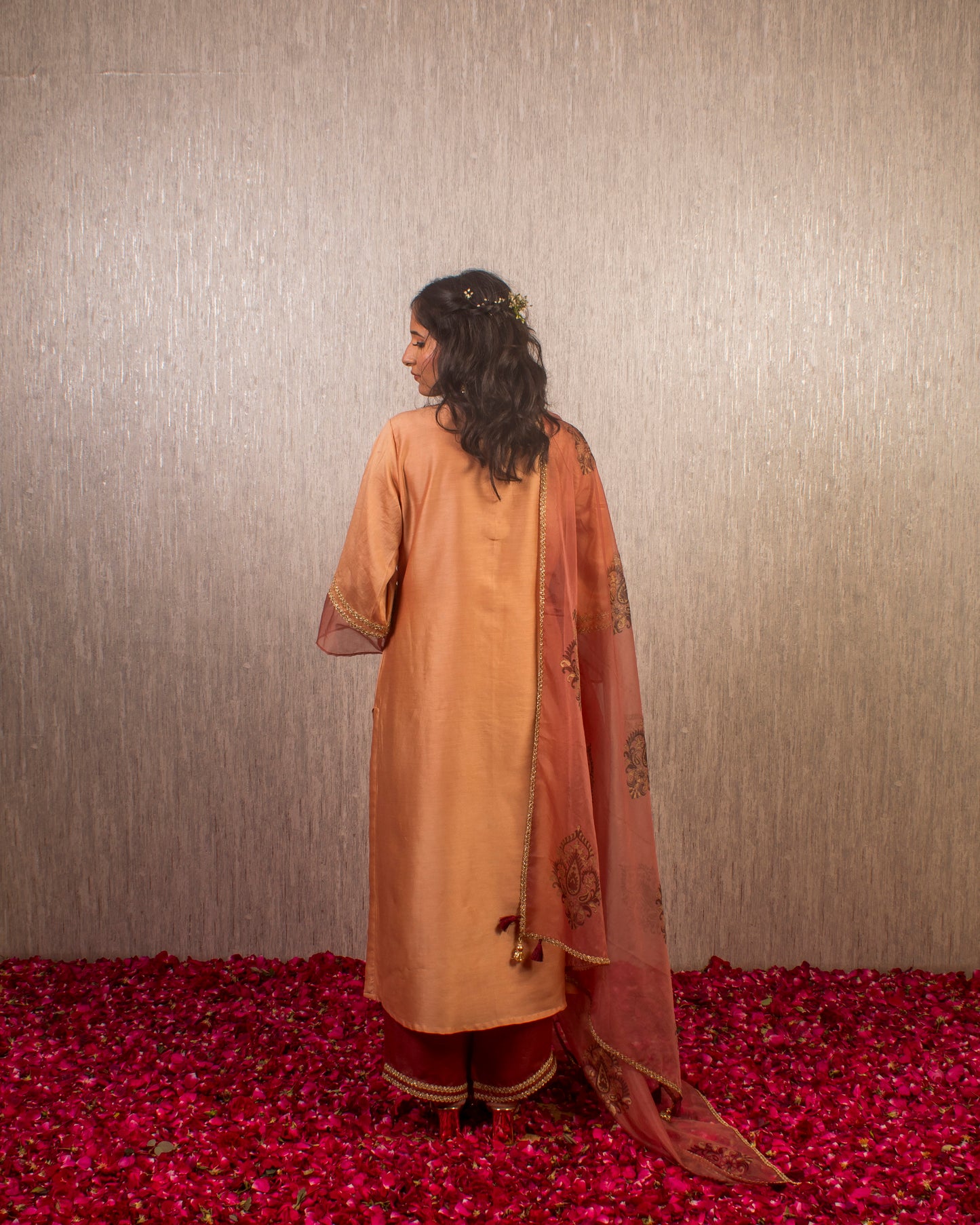 Arzoo: Coral Chanderi Block Printed Kurta with Pants and Dupatta (Set of 3)