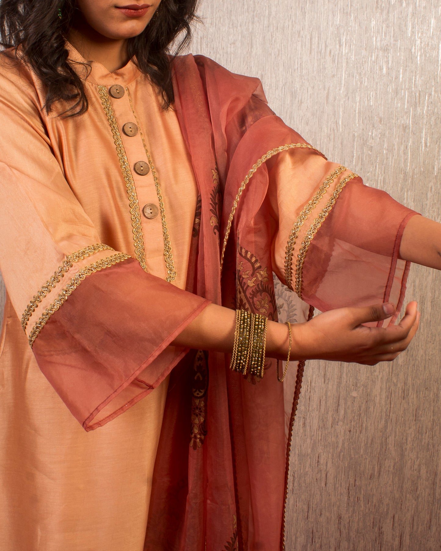 Arzoo: Coral Chanderi Block Printed Kurta with Pants and Dupatta (Set of 3)