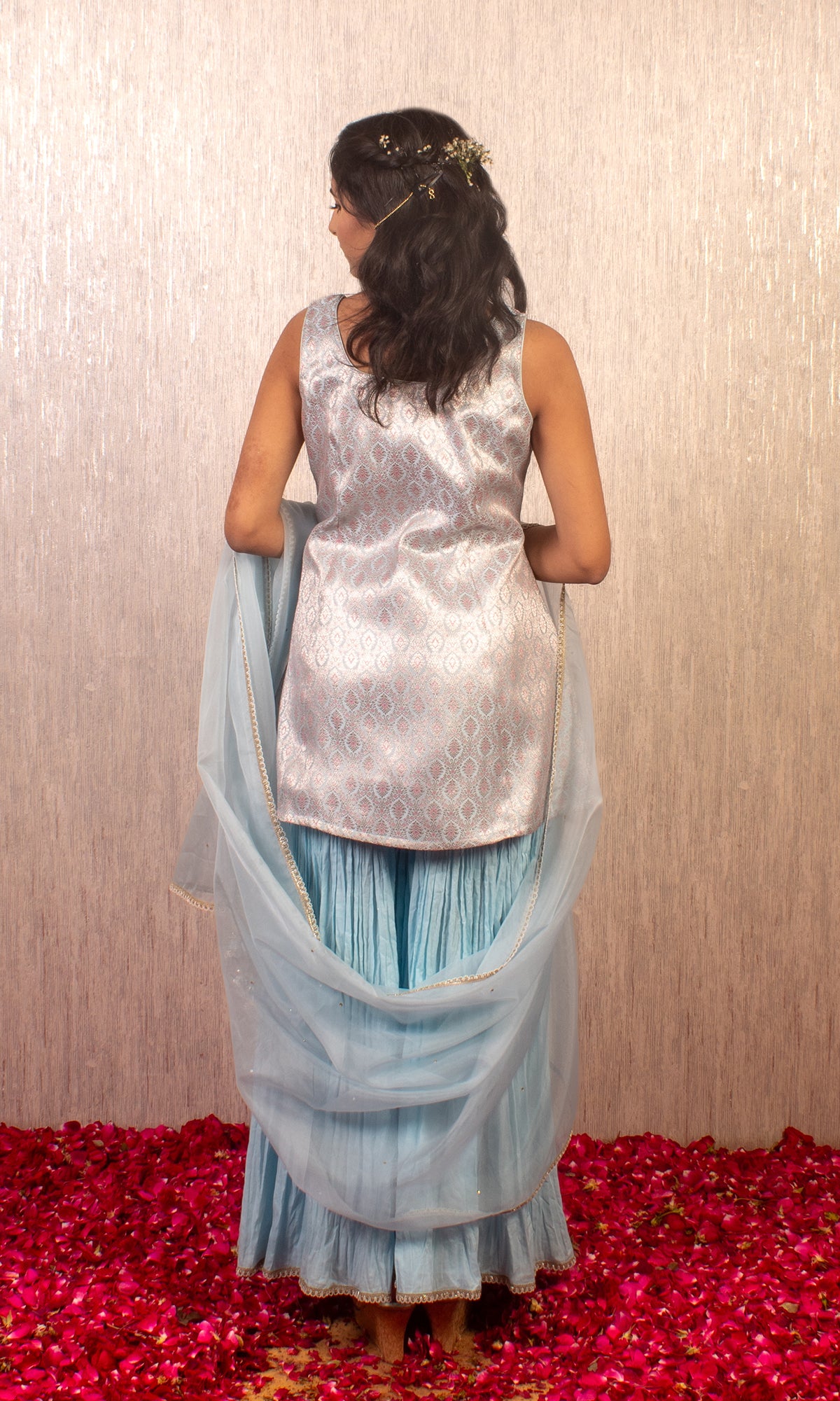 Zara: Powder Blue Brocade and Chanderi Kurta with Sharara and Dupatta (Set of 3)