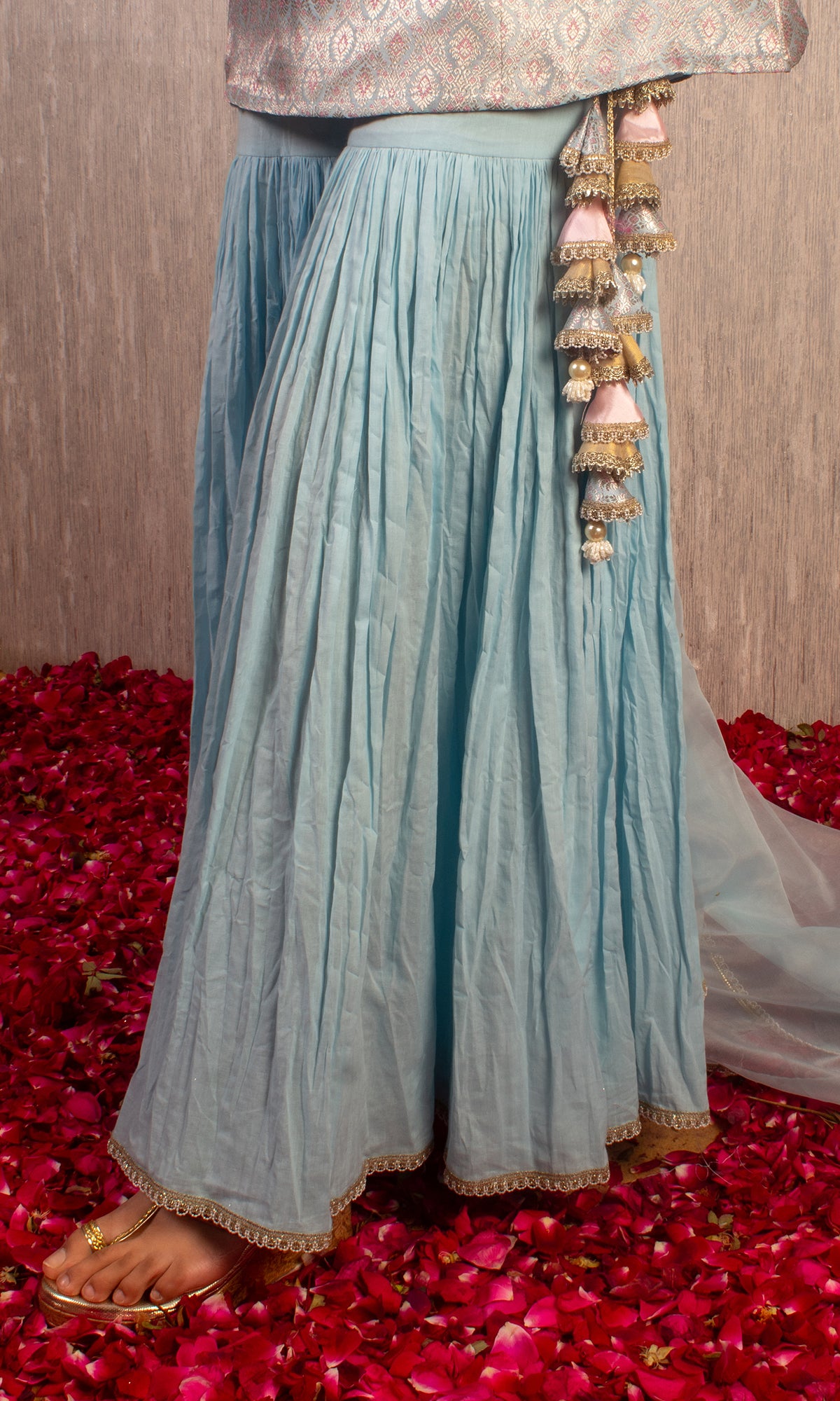 Zara: Powder Blue Brocade and Chanderi Kurta with Sharara and Dupatta (Set of 3)