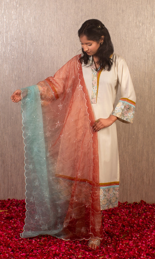 Saher: White Multi-Coloured Patched Cotton Kurta Set (Set of 3)