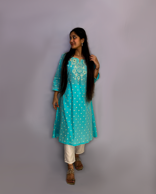 Mannat: Blue Cotton A-Line Kurta