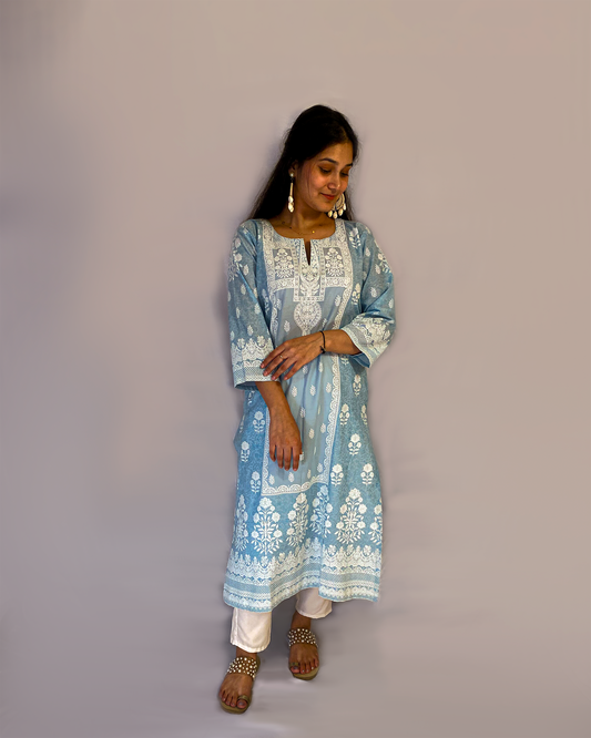 Pari: Powder Blue Digital Printed A-Line Kurta