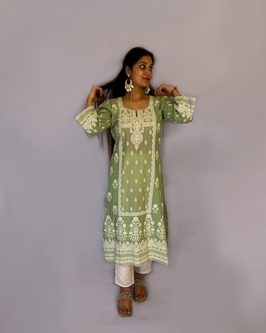 Pari: Pista Green Digital Printed A-Line Kurta