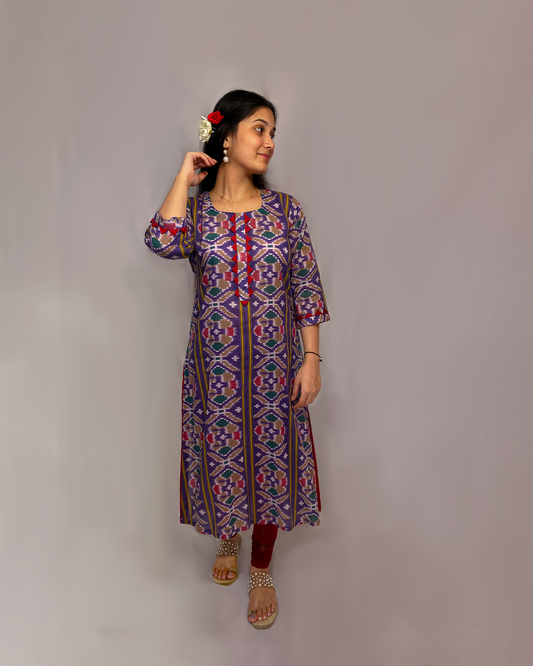 Tarini: Purple Ikat Printed A-Line Kurta