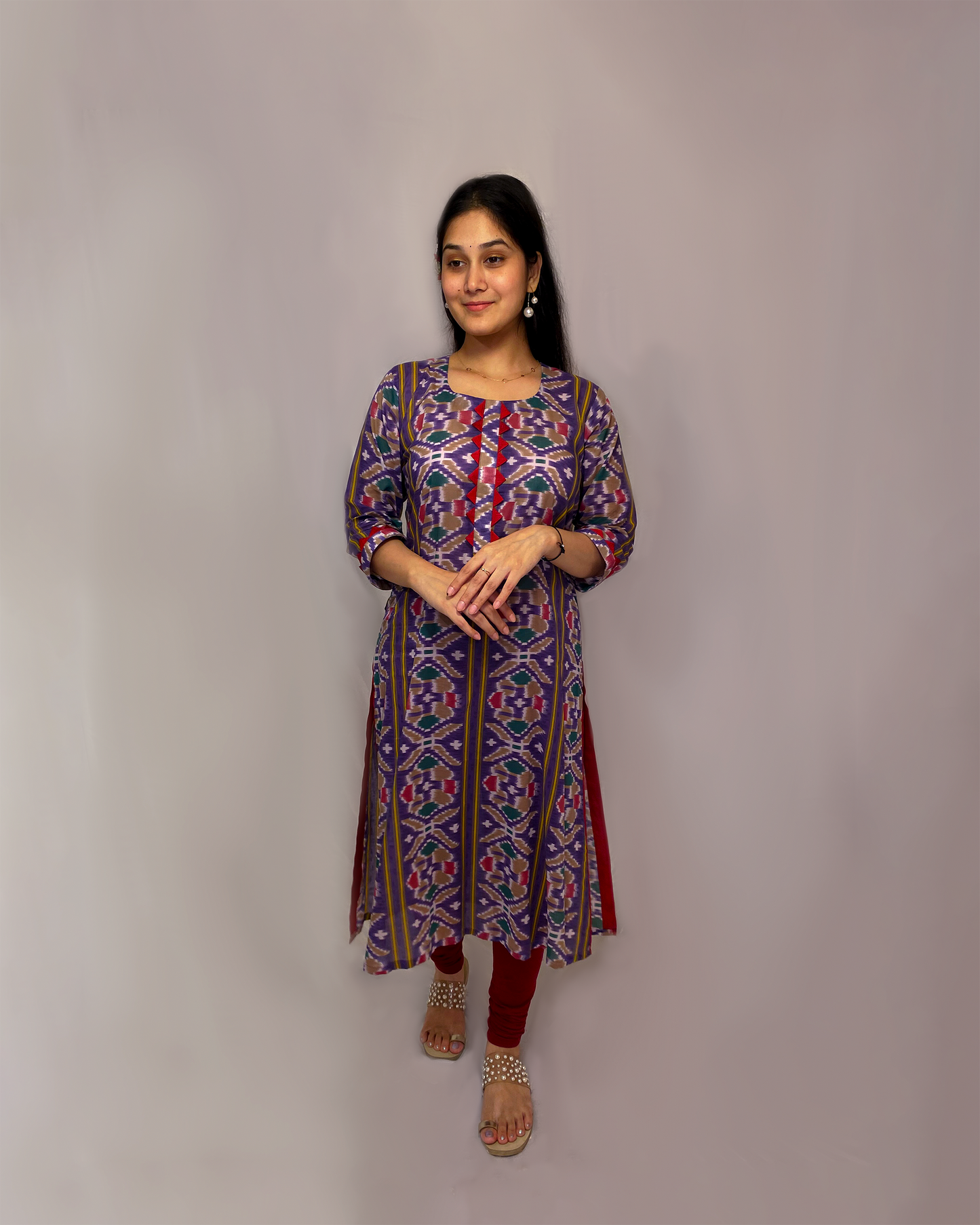 Tarini: Purple Ikat Printed A-Line Kurta
