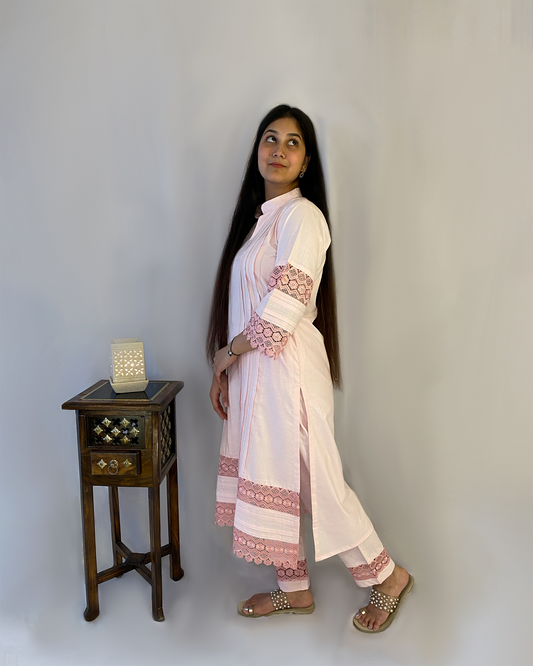 Zaina: Baby Pink Pin Tuck Kurta with Pants (Set of 2)