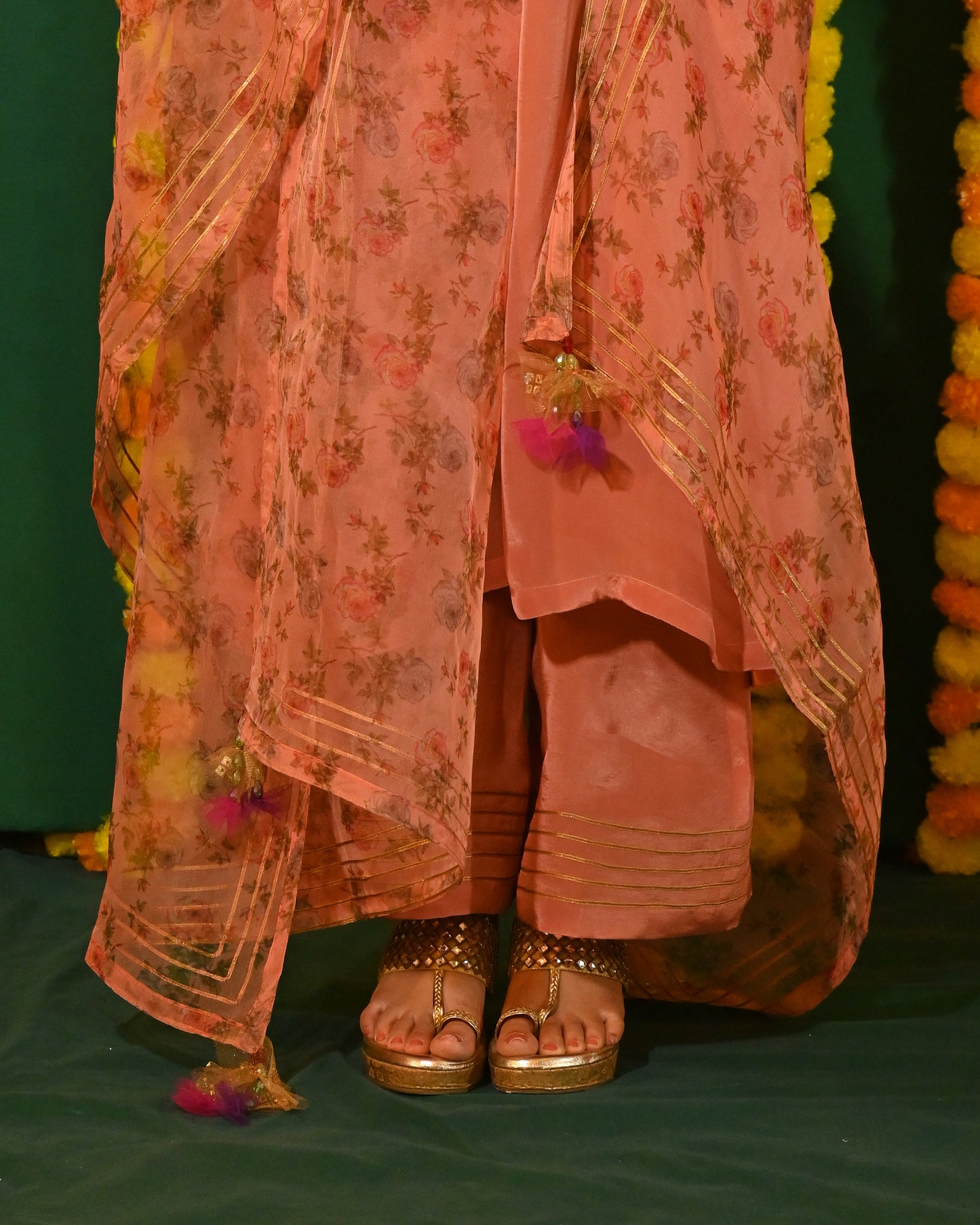 Aafreen: Peach Crepe Gota Detailed Kurta with Pants and Dupatta (set of 3)