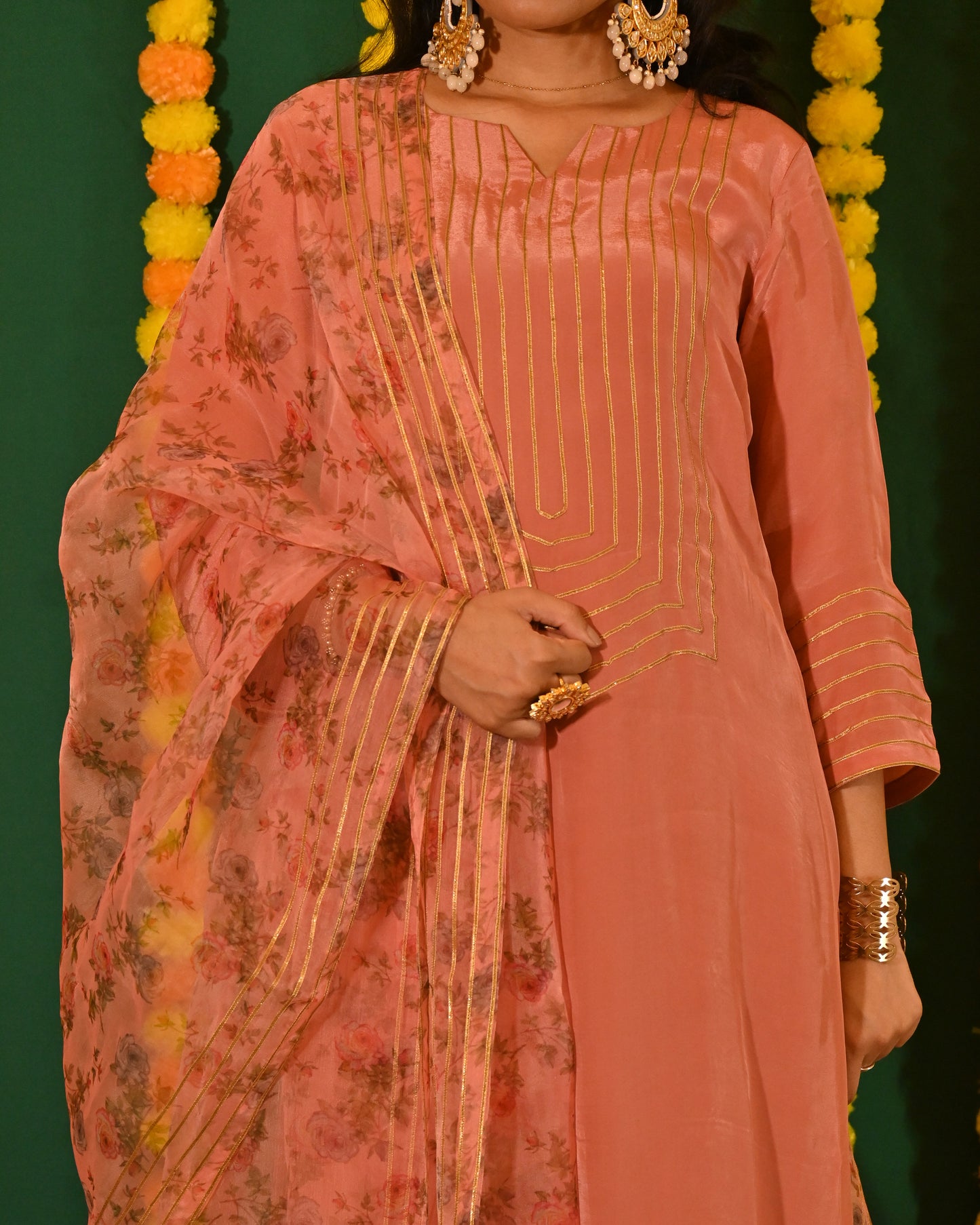 Aafreen: Peach Crepe Gota Detailed Kurta with Pants and Dupatta (set of 3)
