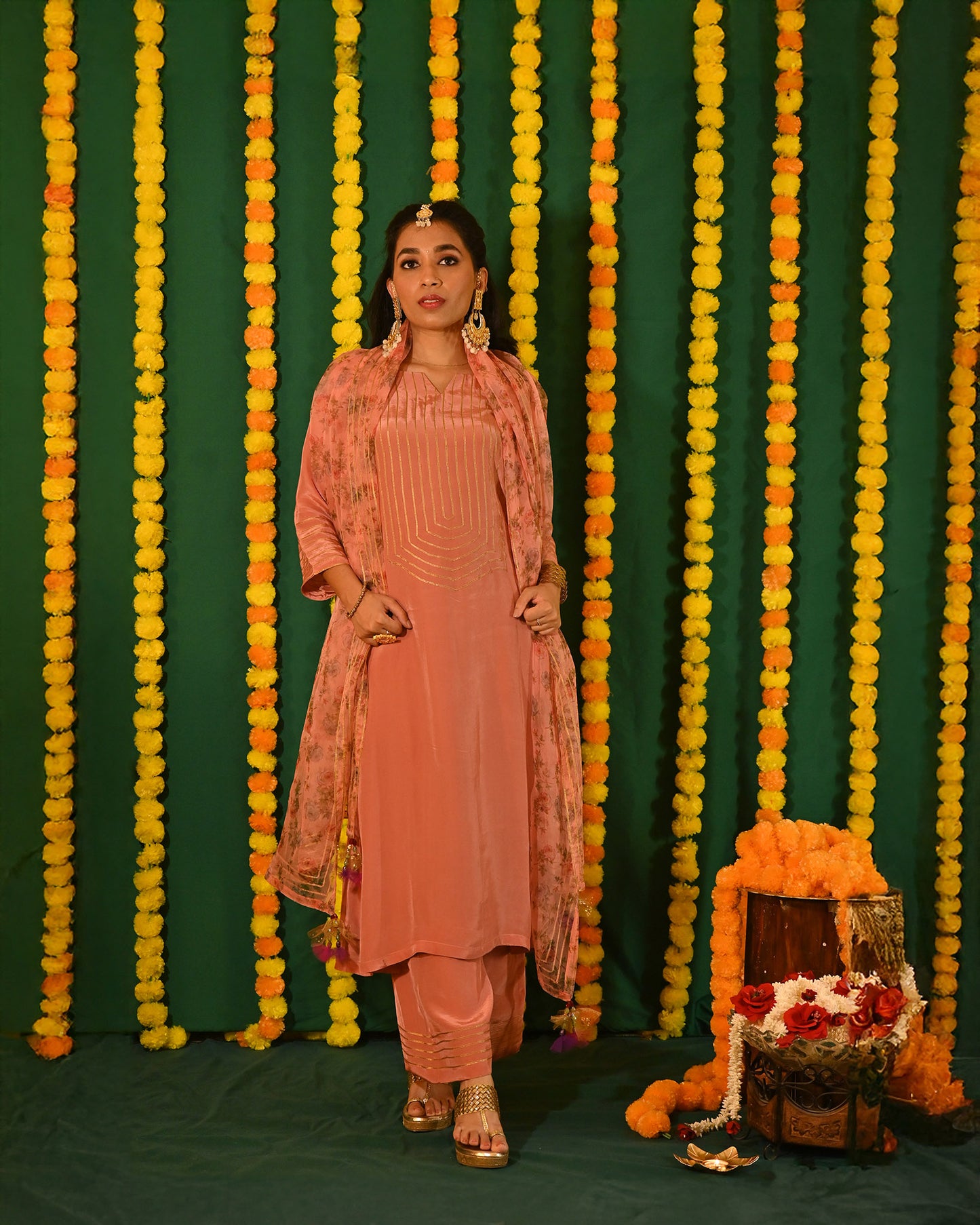 Aafreen: Peach Crepe Gota Detailed Kurta with Pants and Dupatta (set of 3)