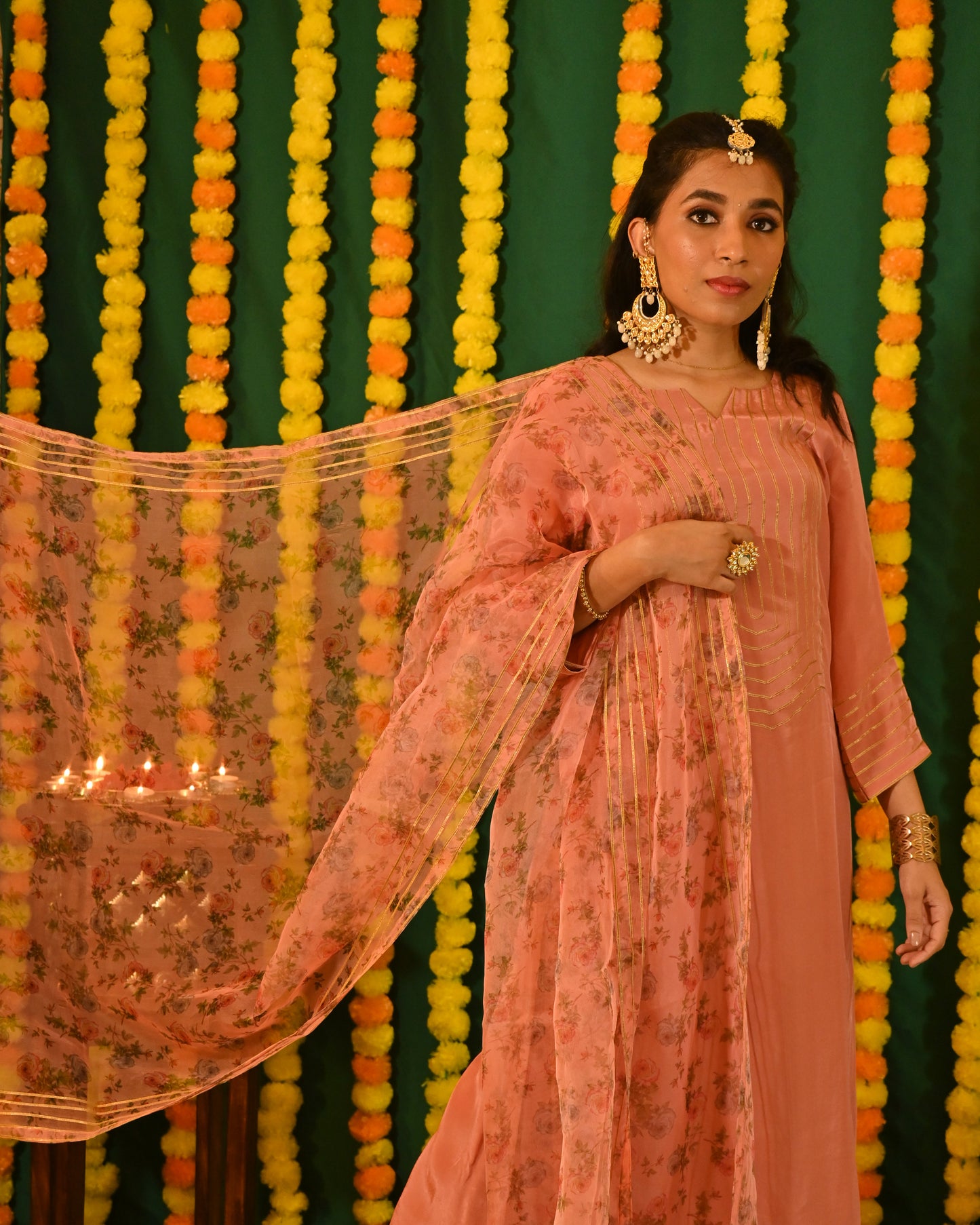 Aafreen: Peach Crepe Gota Detailed Kurta with Pants and Dupatta (set of 3)