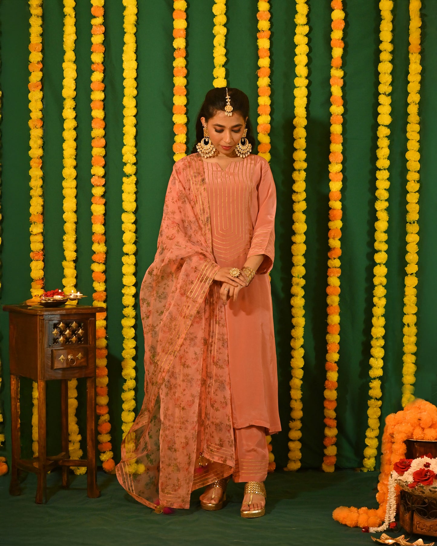 Aafreen: Peach Crepe Gota Detailed Kurta with Pants and Dupatta (set of 3)