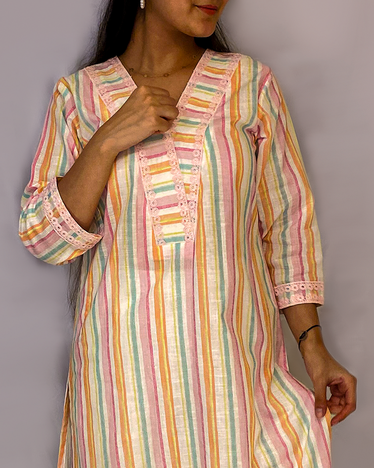 Arth: Multi Coloured Pure Linen A-Line Kurta