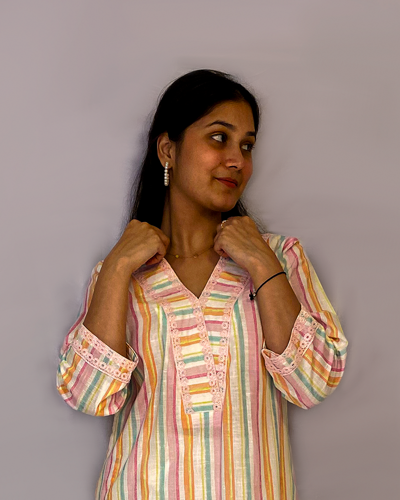 Arth: Multi Coloured Pure Linen A-Line Kurta