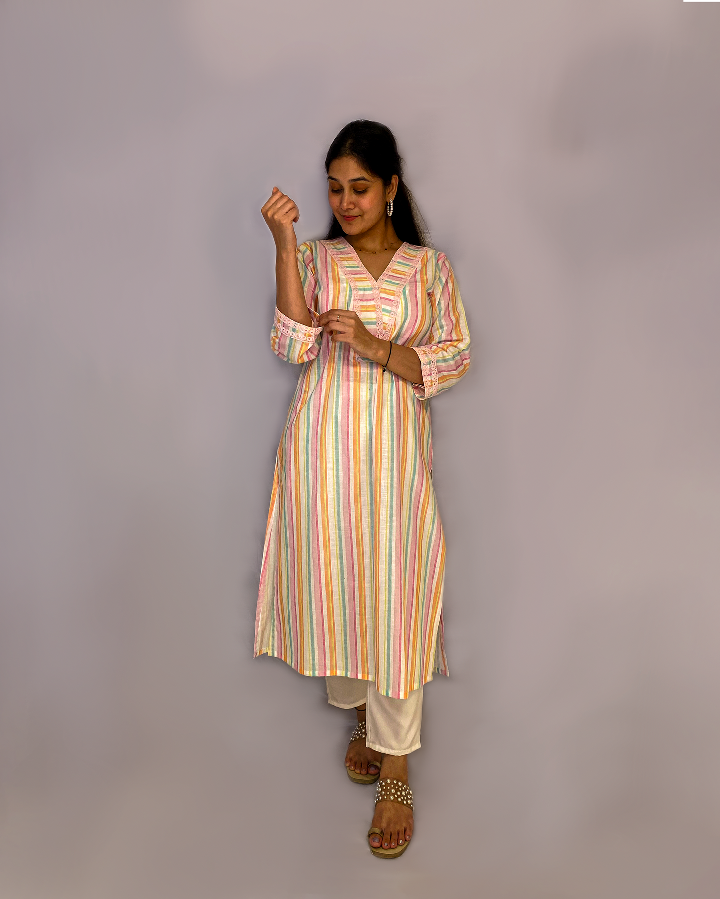 Arth: Multi Coloured Pure Linen A-Line Kurta