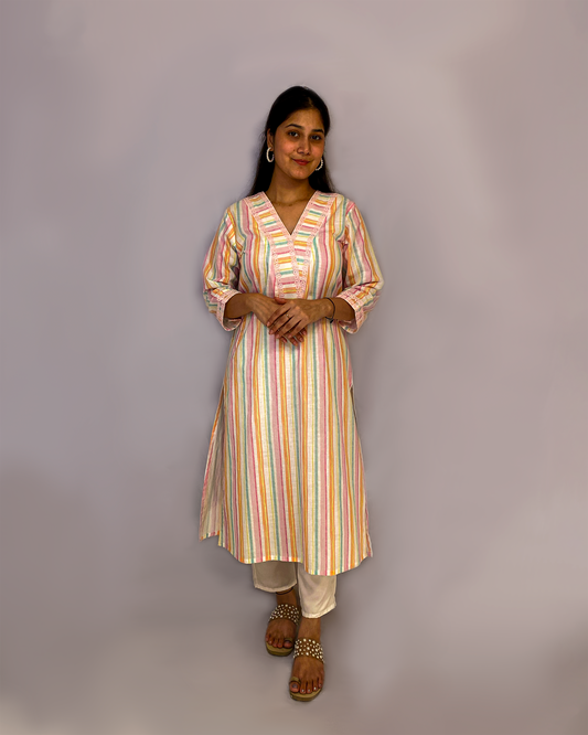 Arth: Multi Coloured Pure Linen A-Line Kurta