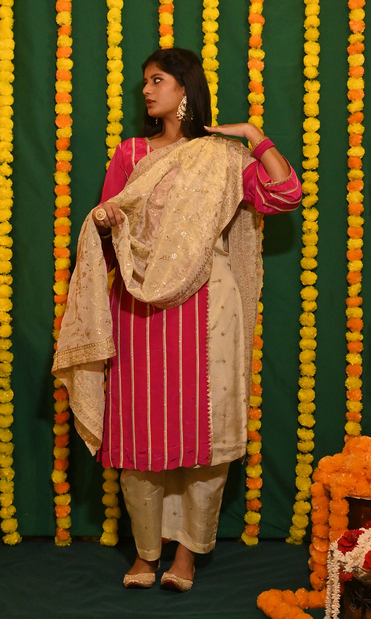 Mahira: Magenta and Cream Tissue and Crepe Kurta with Pants and Dupatta (set of 3)
