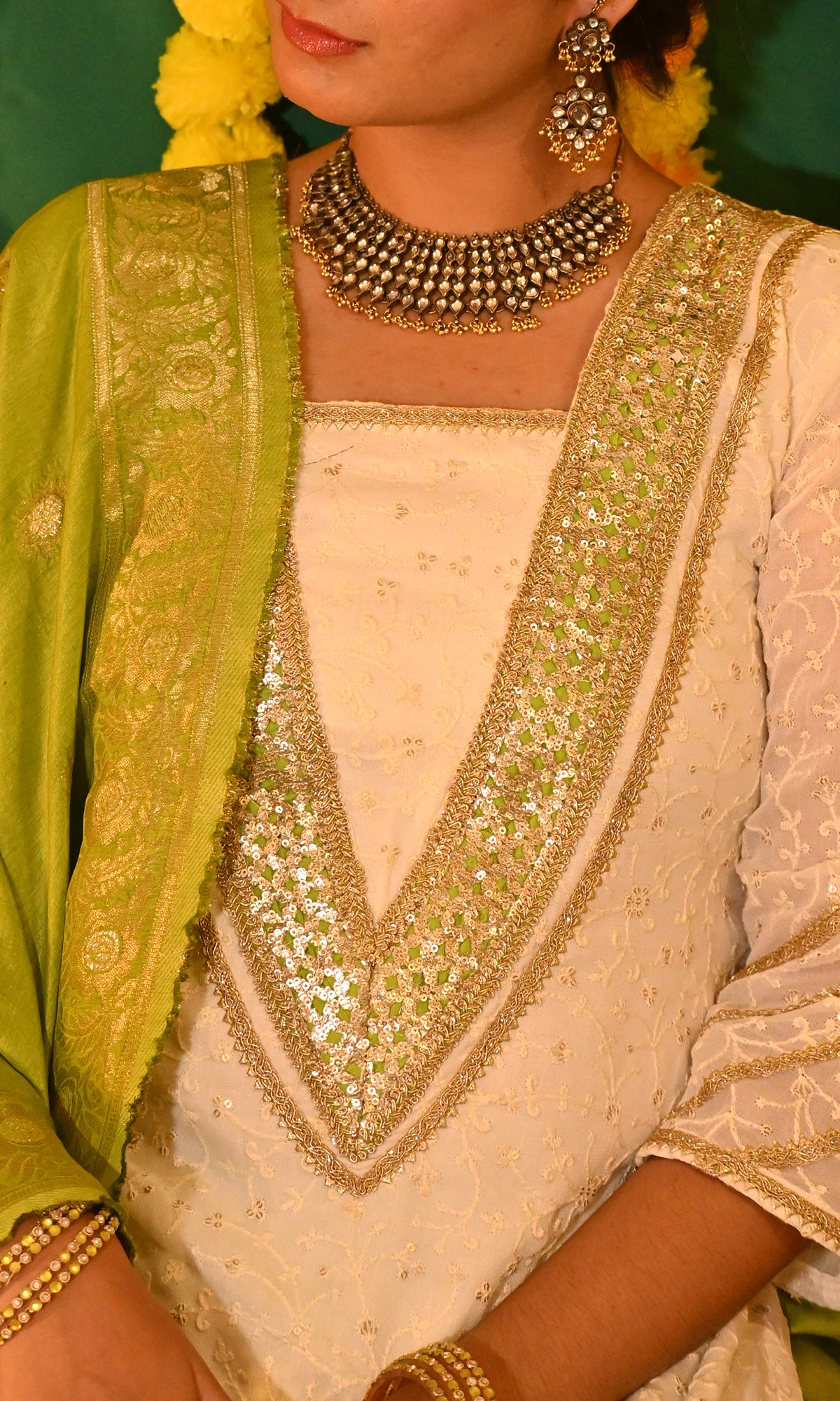 Ishrat: Off White and Green Chikankari Kurta with Pants and Banarasi Dupatta