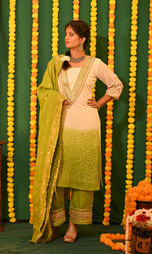 Ishrat: Off White and Green Chikankari Kurta with Pants and Banarasi Dupatta