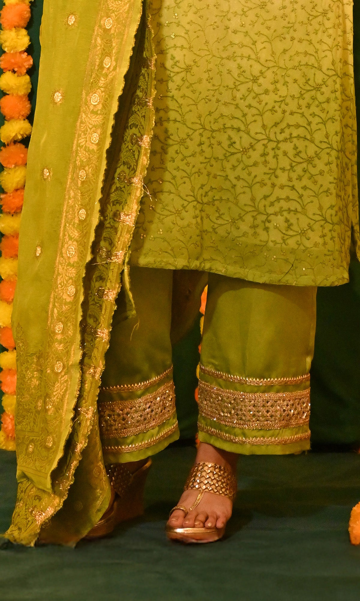 Ishrat: Off White and Green Chikankari Kurta with Pants and Banarasi Dupatta