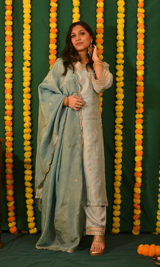 Ruhani: Blue and Gold Tissue Kurta with Pants and Dupatta