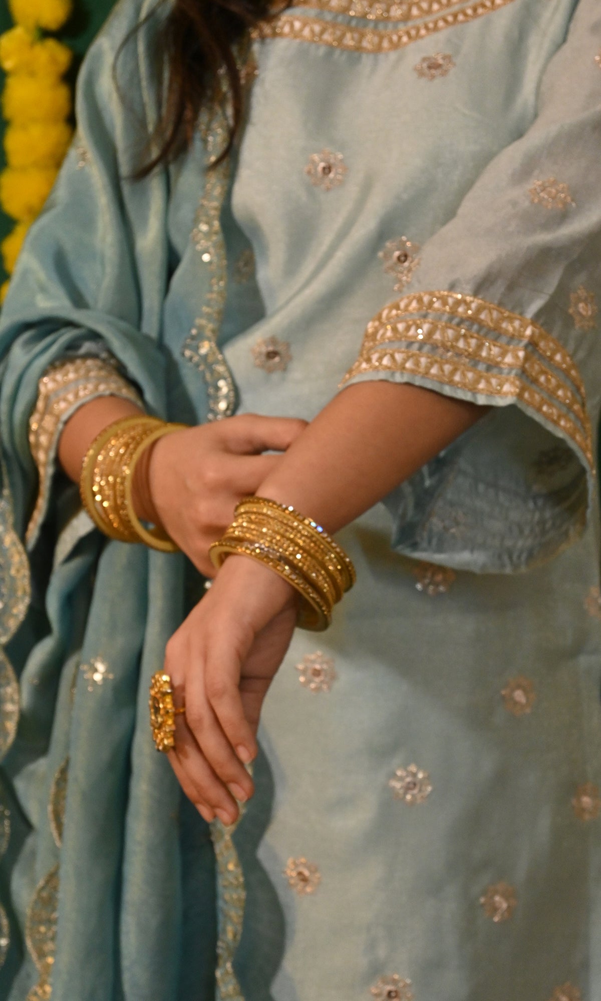 Ruhani: Blue and Gold Tissue Kurta with Pants and Dupatta