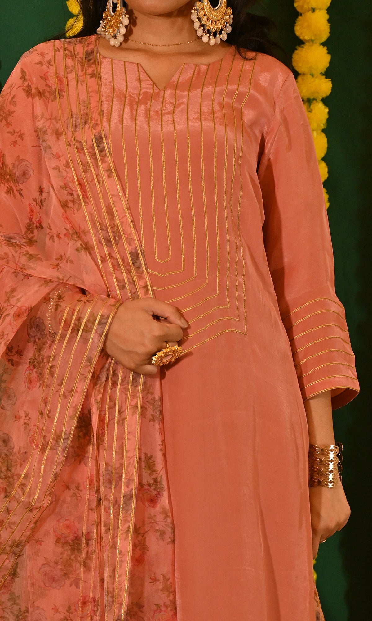 Aafreen: Peach Crepe Gota Detailed Kurta with Pants and Dupatta (set of 3)