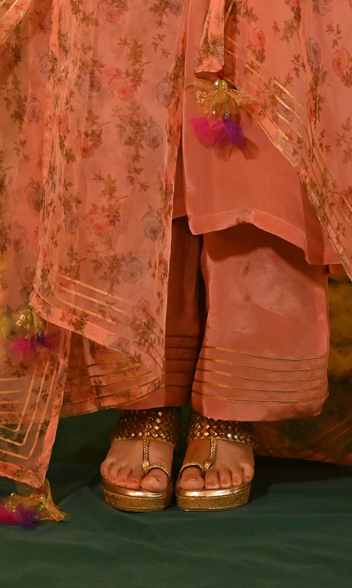 Aafreen: Peach Crepe Gota Detailed Kurta with Pants and Dupatta (set of 3)