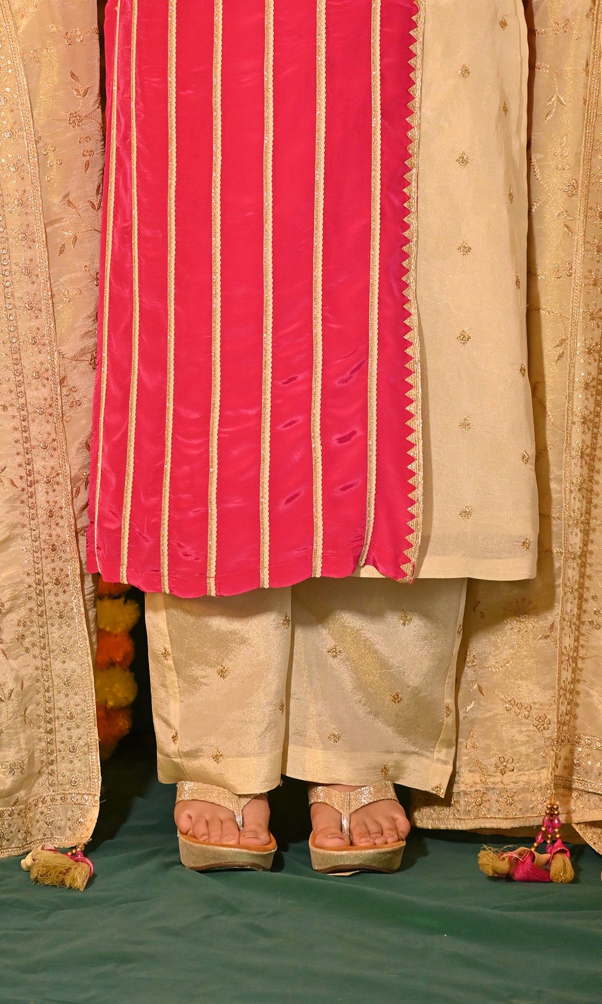 Mahira: Magenta and Cream Tissue and Crepe Kurta with Pants and Dupatta (set of 3)