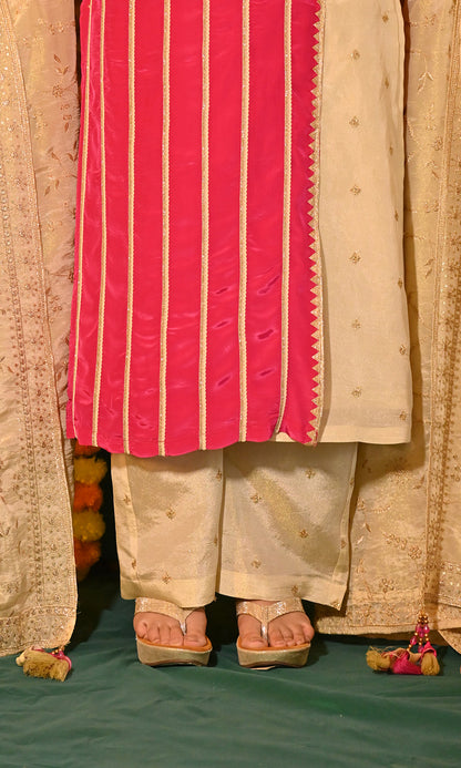 Mahira: Magenta and Cream Tissue and Crepe Kurta with Pants and Dupatta (set of 3)