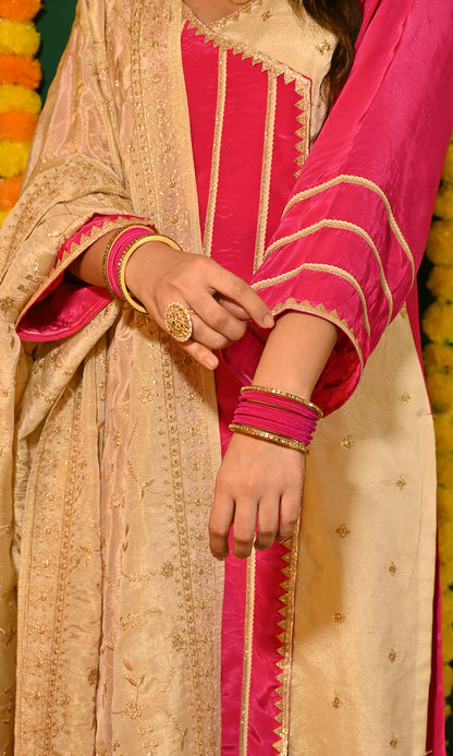 Mahira: Magenta and Cream Tissue and Crepe Kurta with Pants and Dupatta (set of 3)