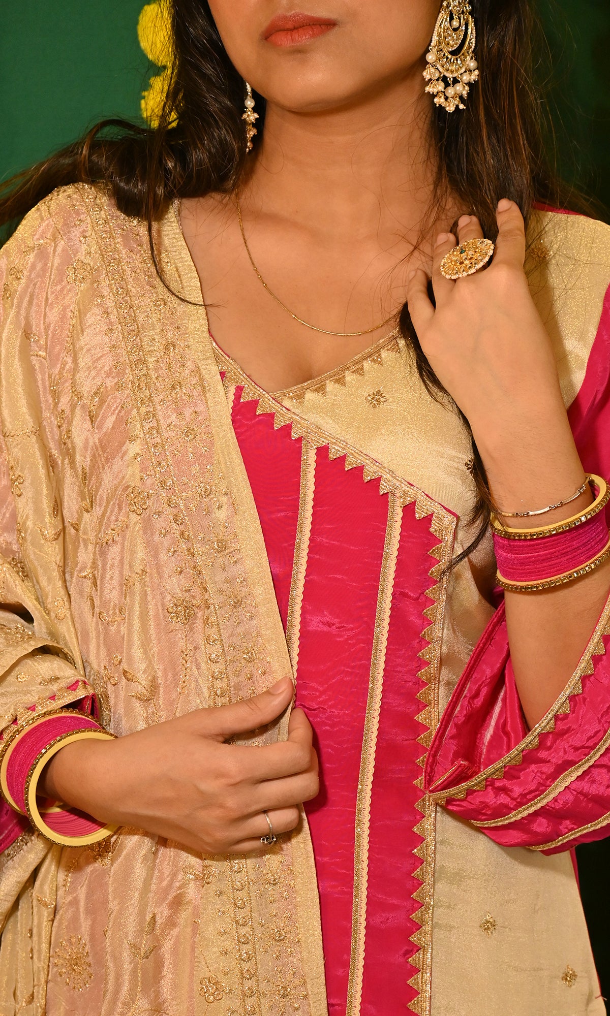 Mahira: Magenta and Cream Tissue and Crepe Kurta with Pants and Dupatta (set of 3)