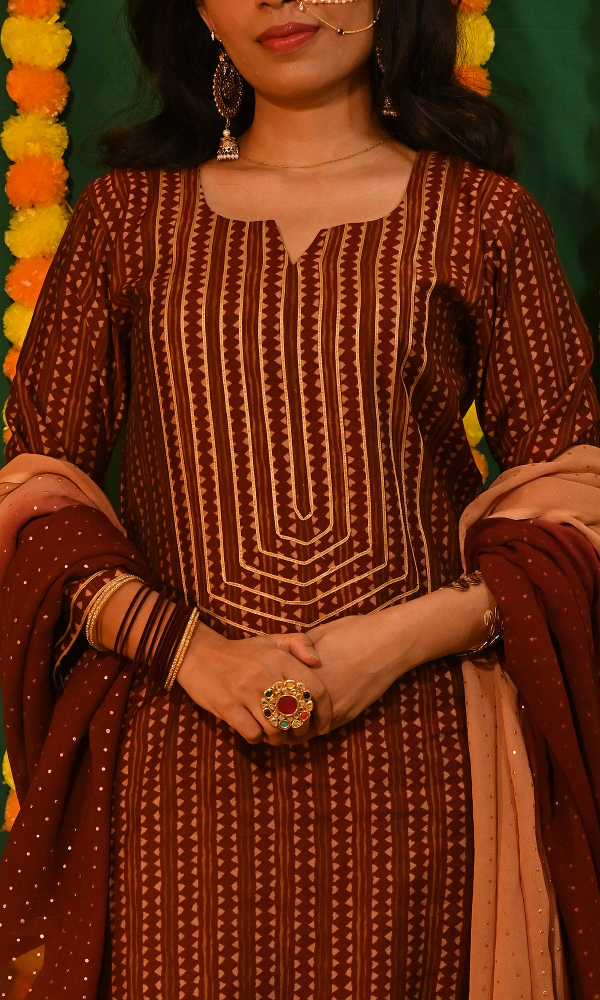 Raas: Maroon and Peach Chanderi Gota Detailed Kurta with Pants and Dupatta (Set of 3)