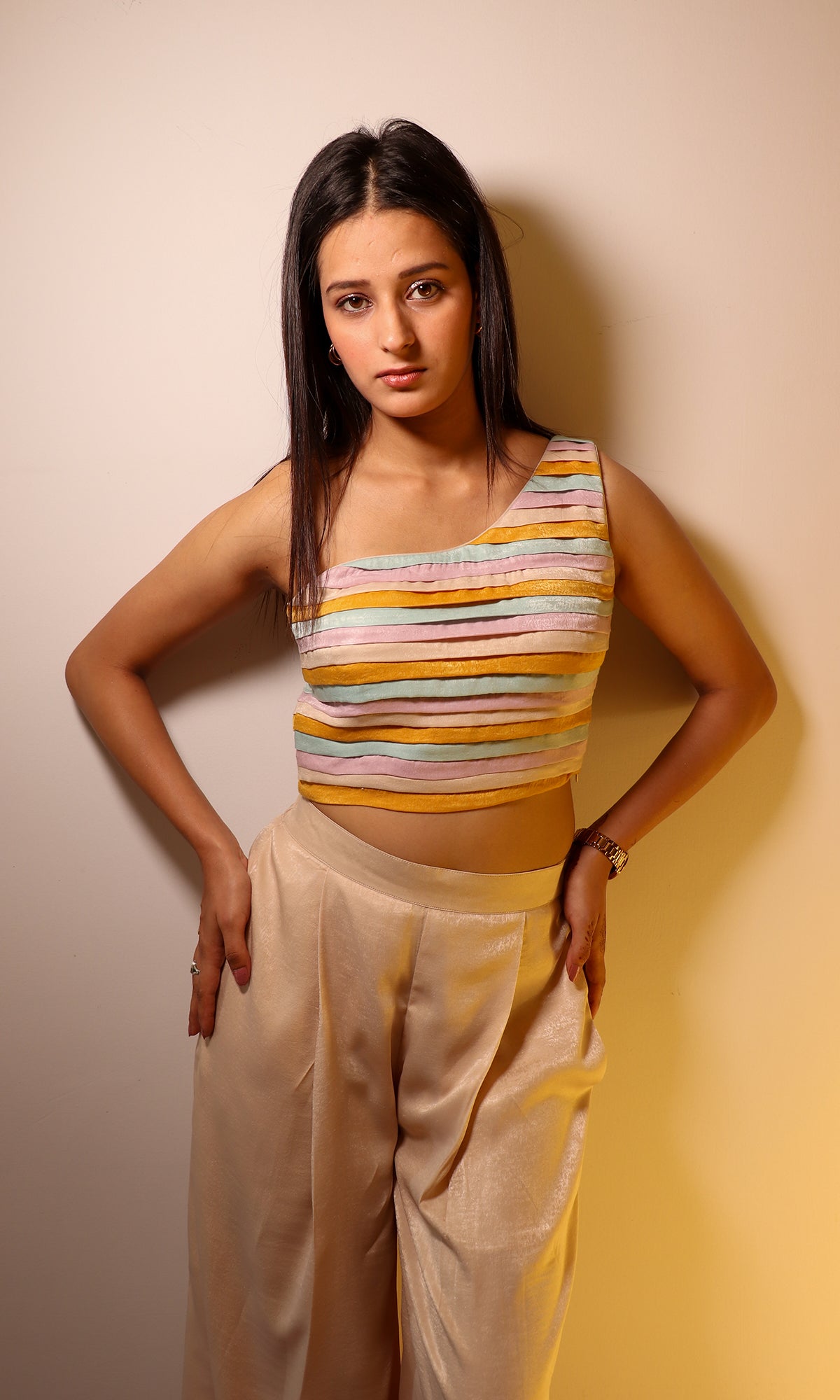 Caroline: Multi-Coloured One Shoulder Top with Pants (Set of 2)