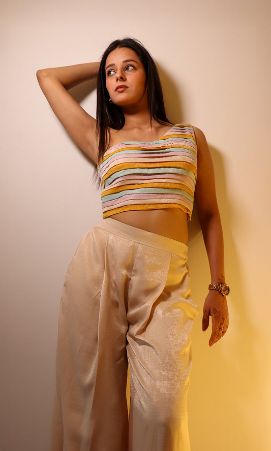 Caroline: Multi-Coloured One Shoulder Top with Pants (Set of 2)