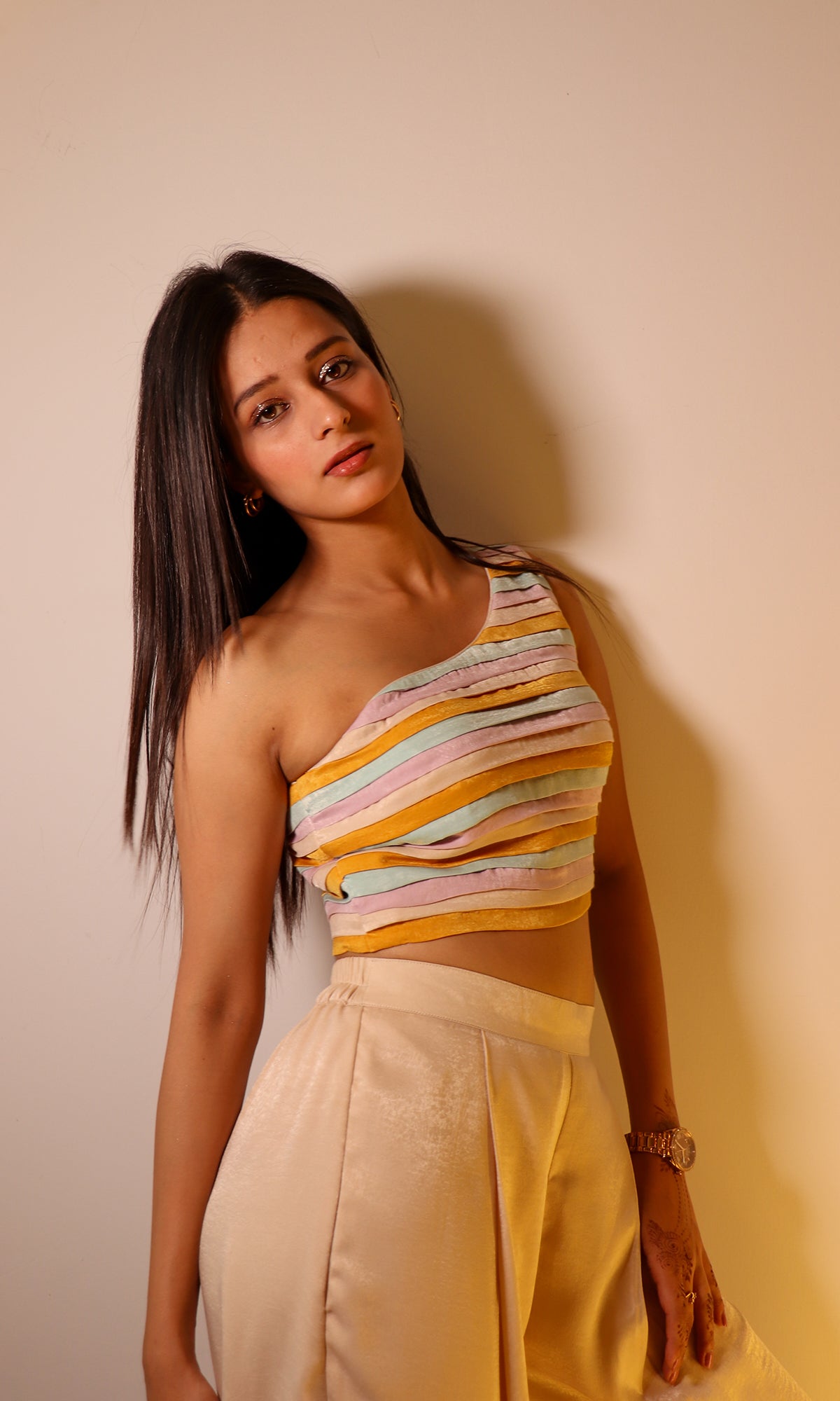 Caroline: Multi-Coloured One Shoulder Top with Pants (Set of 2)