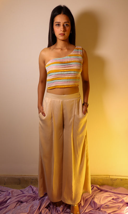 Caroline: Multi-Coloured One Shoulder Top with Pants (Set of 2)